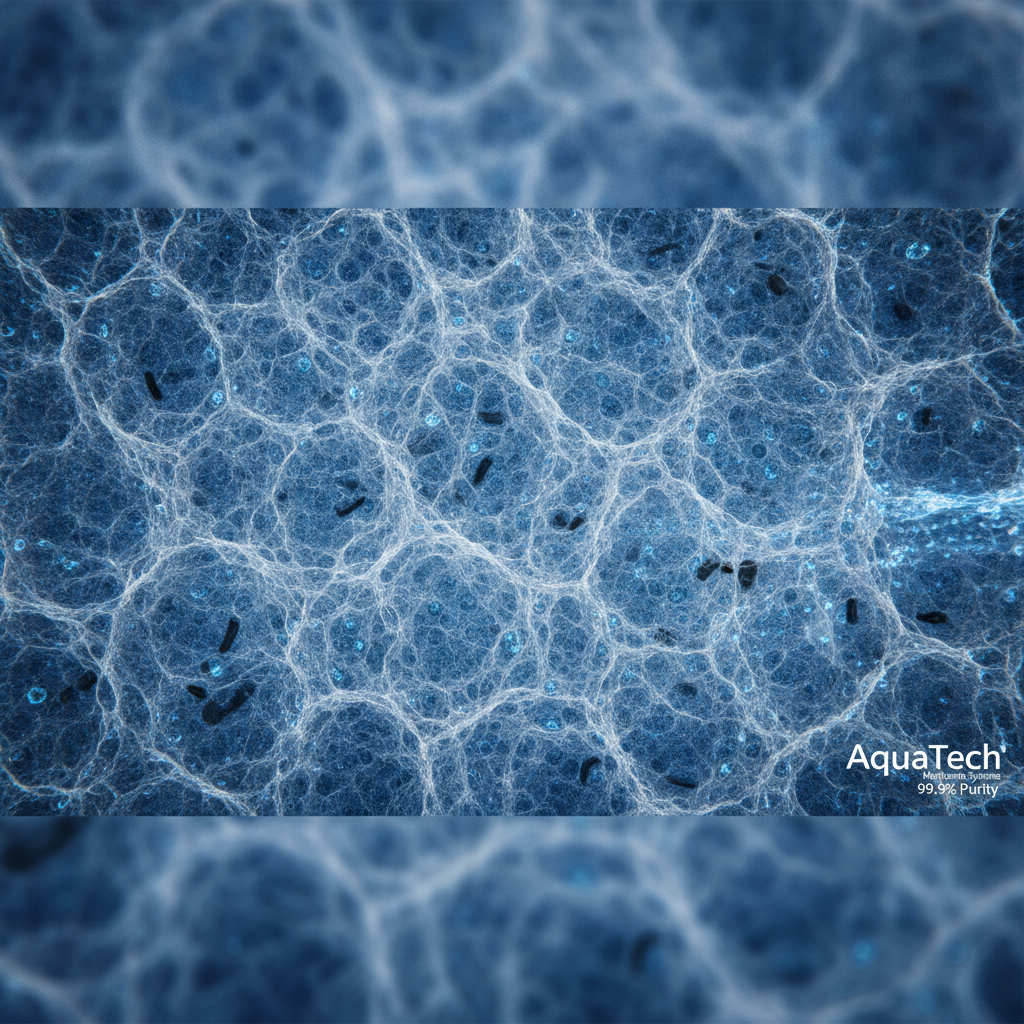 A highly detailed, microscopic close-up of a water filtration membrane showing its complex pore structure