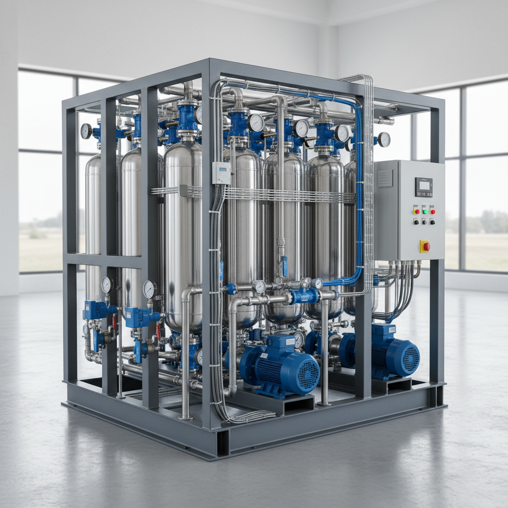 A large, complex industrial water filtration system mounted on a steel skid with extensive piping and gauges