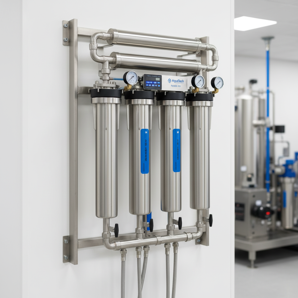 A professional, stainless steel commercial water filtration unit mounted on a wall
