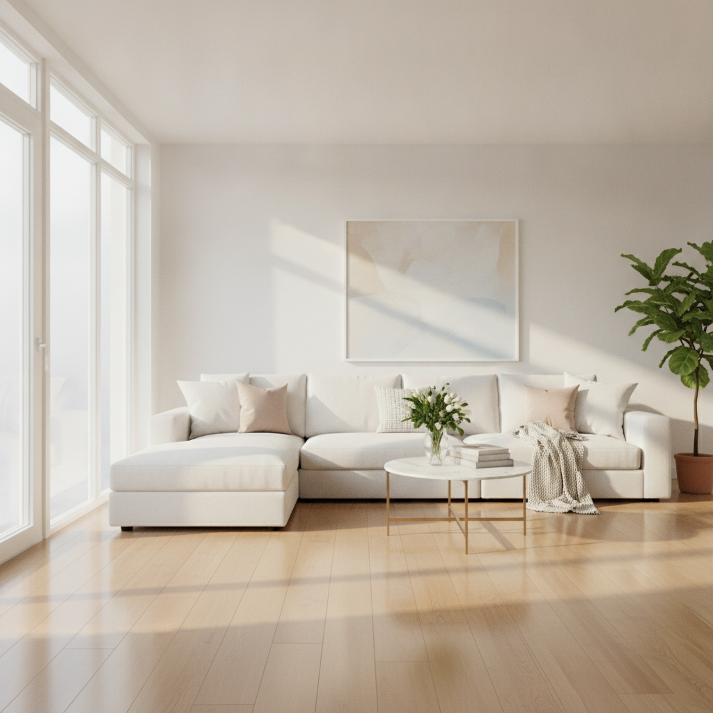 Natural realistic photograph of a bright freshly cleaned modern living room with neutral tones, soft natural sunlight streaming through the windows, polished hardwood floors, spotless white sofa, and neatly arranged cushions