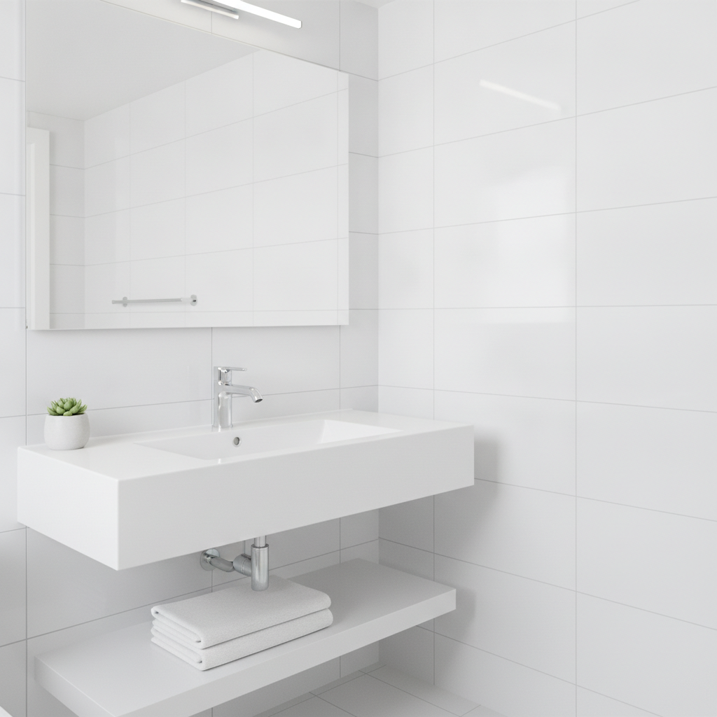 Sparkling clean modern bathroom with polished chrome fixtures spotless mirror and pristine white tiles