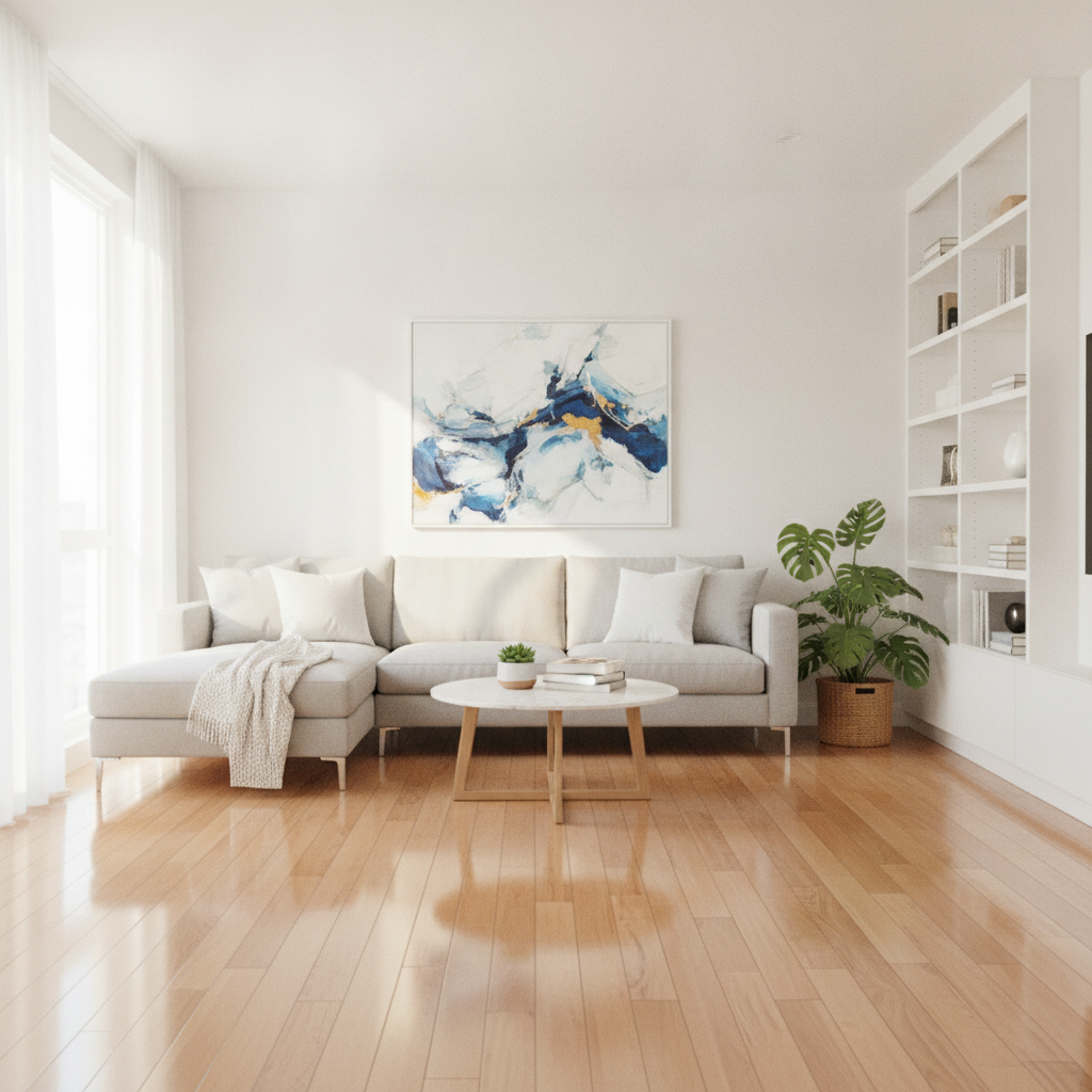 Bright modern living room with spotless furniture natural sunlight and freshly cleaned hardwood floors