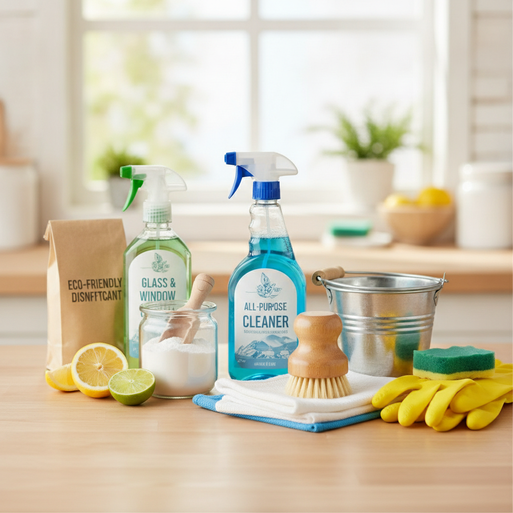 Natural realistic photograph of a professional female house cleaner in uniform wiping a kitchen countertop with a microfiber cloth in a bright modern home
