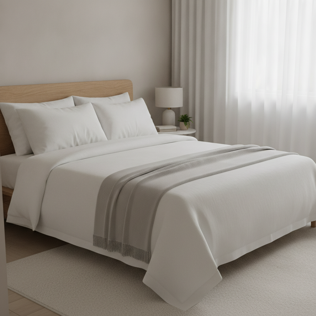 Freshly made bed with crisp white linens in a tidy well organized bedroom with soft natural light