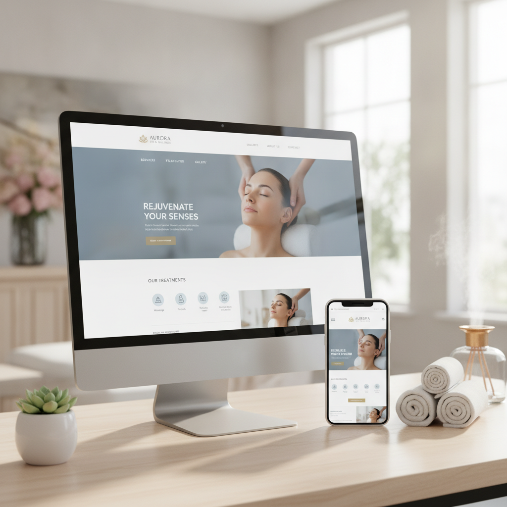 Premium split-screen showing an elegant modern business website displayed on desktop and phone alongside sophisticated imagery representing a successful service-based business with subtle gold detailing