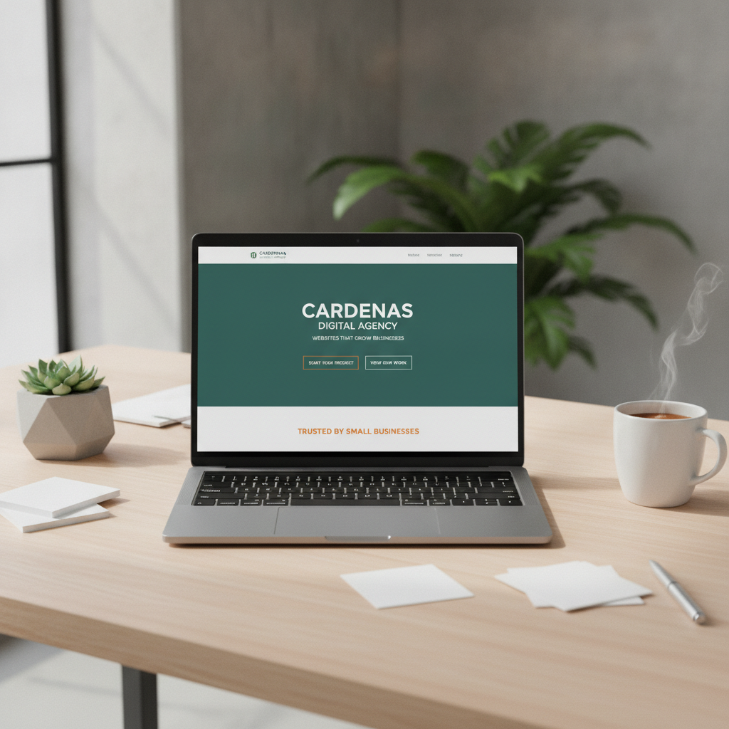 Sleek modern laptop displaying elegant website design on minimalist wooden desk with soft ambient lighting