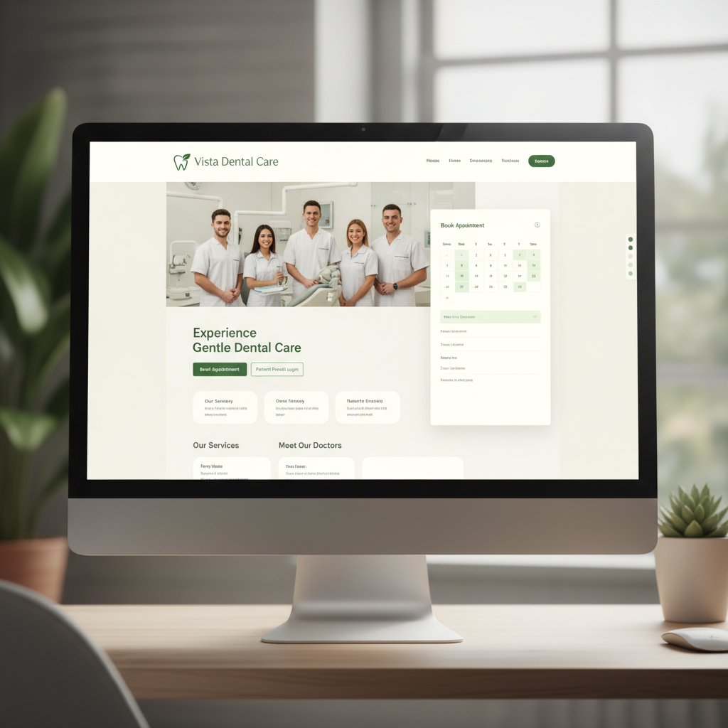 Vista Dental Care professional healthcare website with appointment booking and calm forest green palette