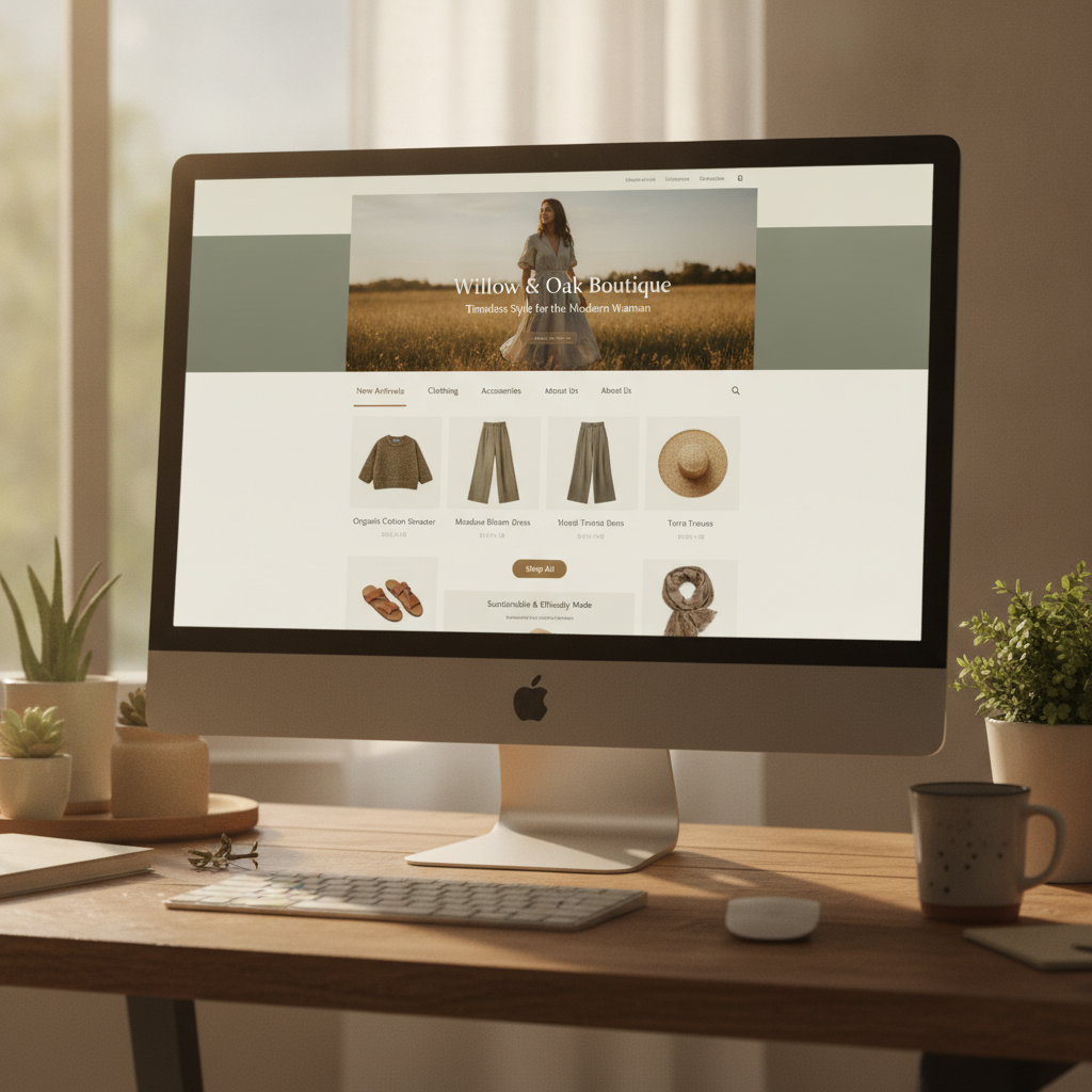 Willow and Oak boutique clothing store website homepage with warm earthy tones and product grid