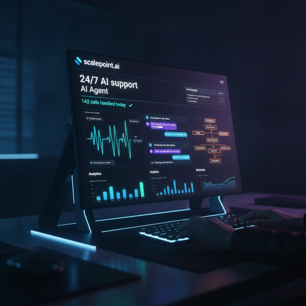 Futuristic Scale Point AI dashboard showing neon analytics graphs, live voice agent waveforms, chatbot conversations and CRM automation workflows on a dark interface