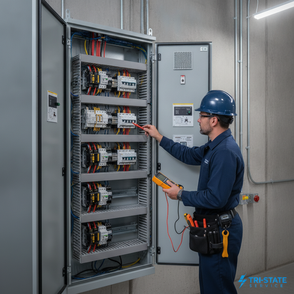 Professional licensed electrician inspecting a heavy-duty commercial electrical panel
