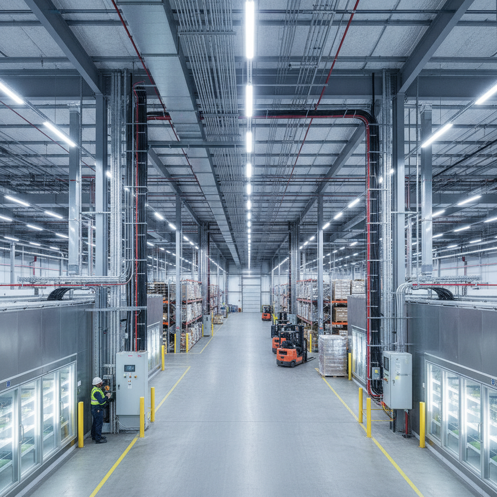 Massive commercial warehouse interior showing vast electrical and refrigeration infrastructure
