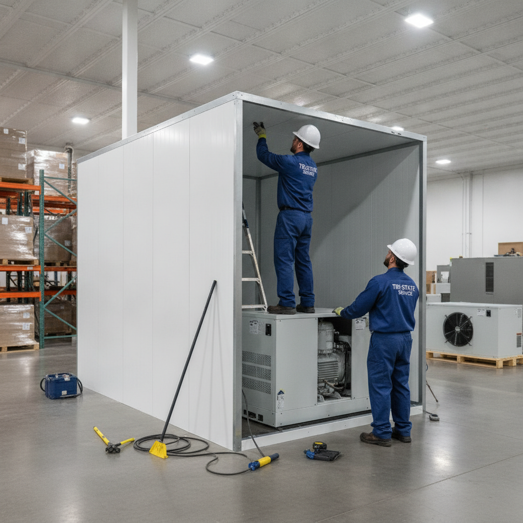 Technicians installing a large commercial walk-in freezer unit in a warehouse