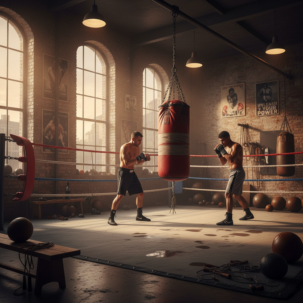 Gritty boxing gym atmosphere