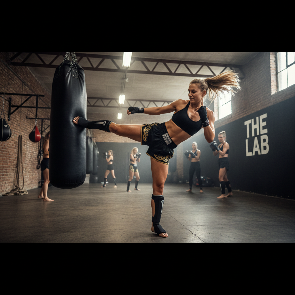 A muay thai fighter kicking a bag