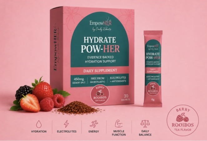 Elegant product packaging for EmpowHer Rooibos Berry Hydrate Pow-Her, with sophisticated typography and botanical illustrations.