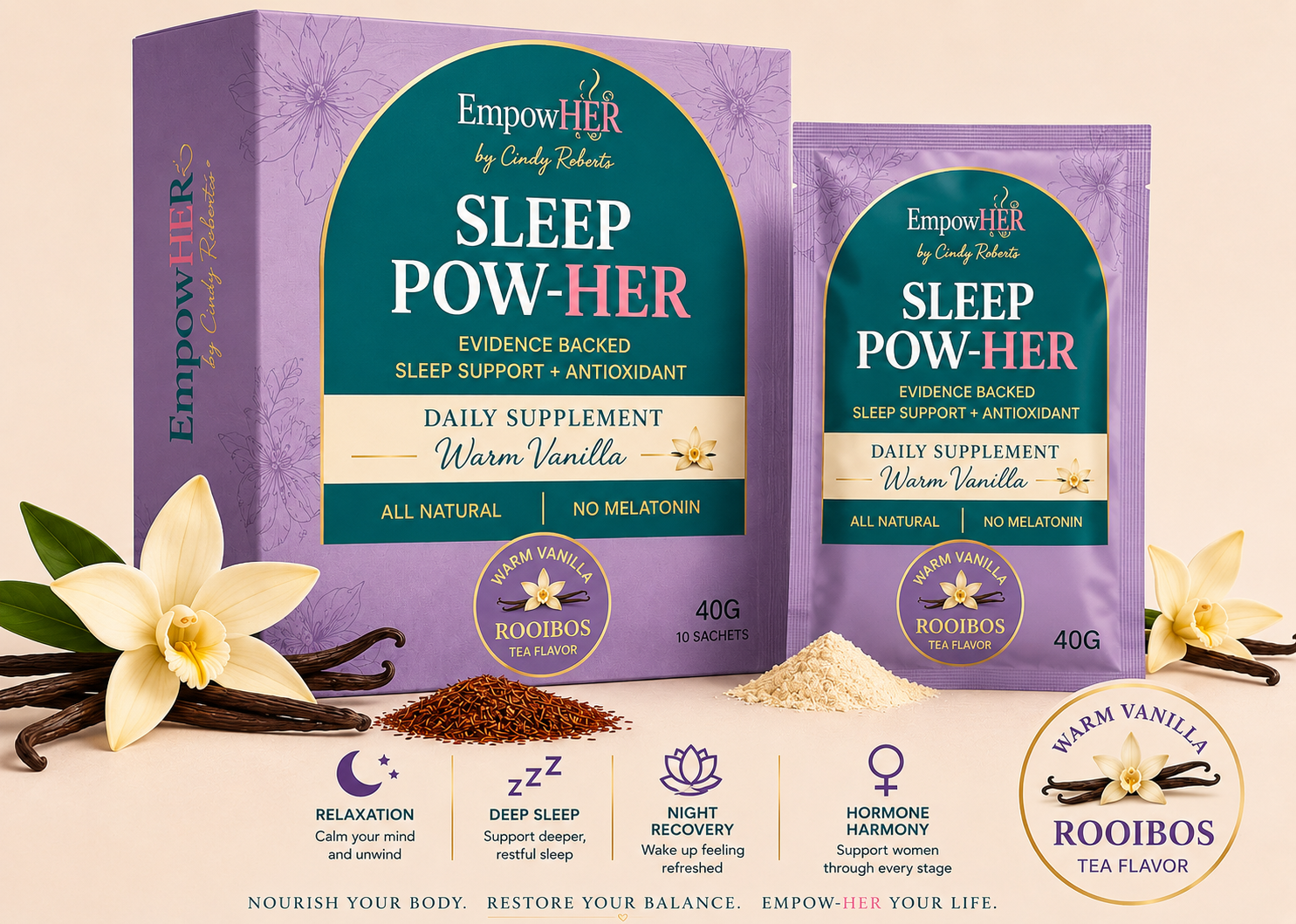 Luxurious product packaging for EmpowHer Rooibos Vanilla Sleep Pow-Her, featuring a calming, dark design with gold accents.