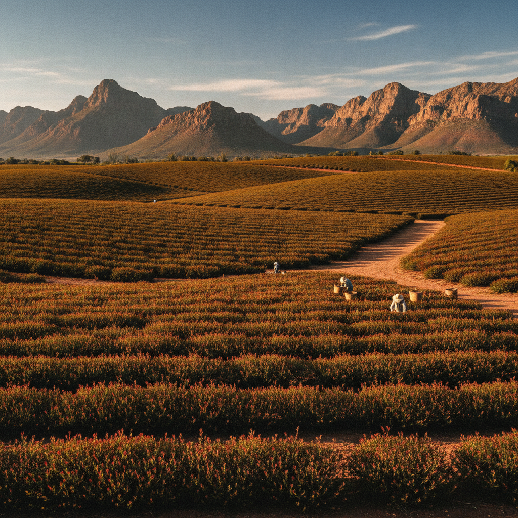 A vibrant, sun-drenched field of Rooibos tea plants in the Cederberg mountains of South Africa, with rich red soil.