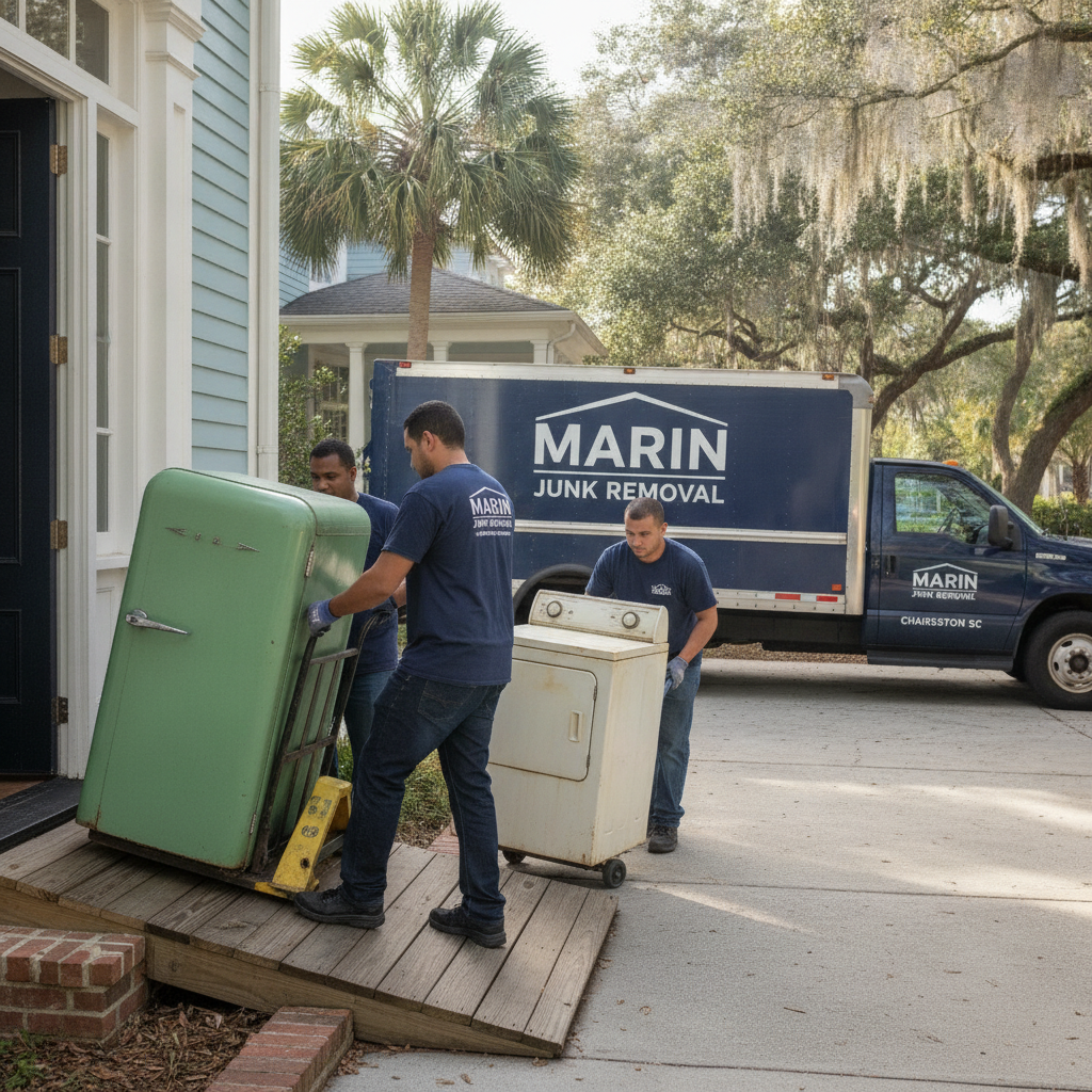 Old refrigerator and washing machine being safely removed by Marin Junk Removal crew from a Charleston SC residential home