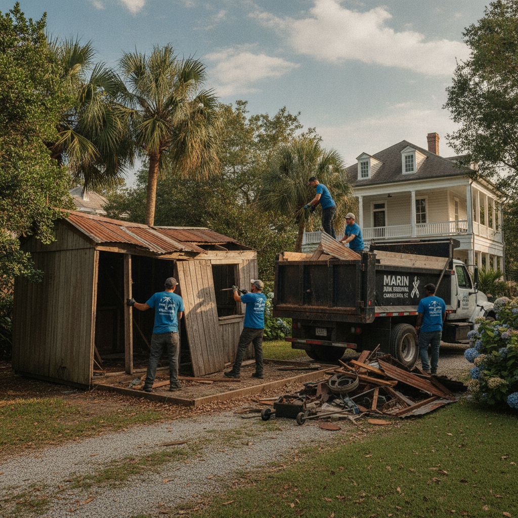 Old wooden backyard shed being demolished and hauled away by Marin Junk Removal crew at a Charleston SC residential property