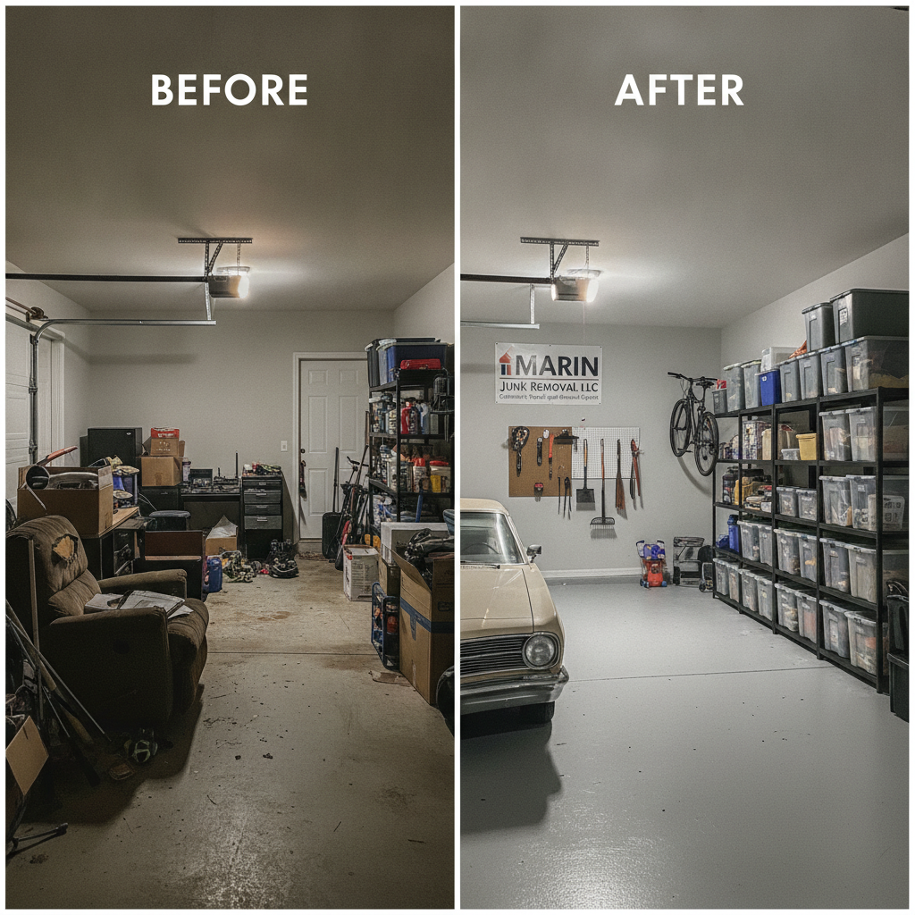 Before and after photos of a cluttered residential garage transformed into a clean organized space by Marin Junk Removal LLC in Charleston SC