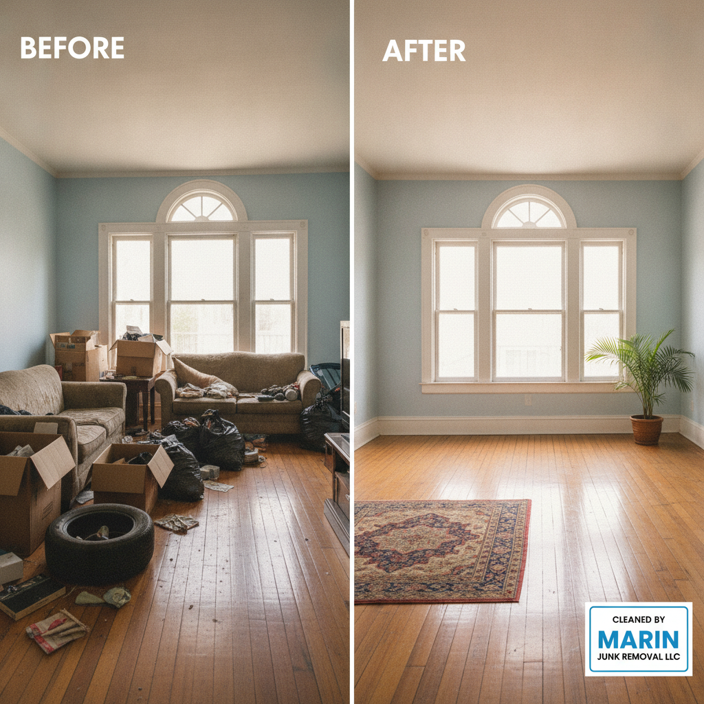 Dramatic before and after transformation of a Charleston home interior cleared of all junk and clutter by Marin Junk Removal LLC