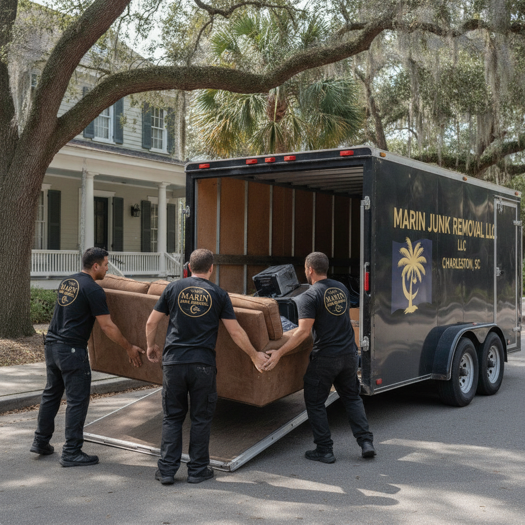 Crew members in black and gold Marin Junk Removal uniforms loading a heavy sofa into a branded black trailer outside a Charleston home