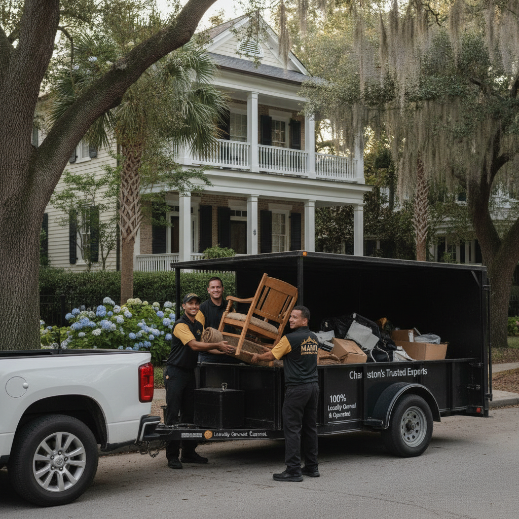 Friendly Marin Junk Removal LLC crew members in clean black and gold branded uniforms loading furniture into a black utility trailer in front of a beautiful Charleston SC home