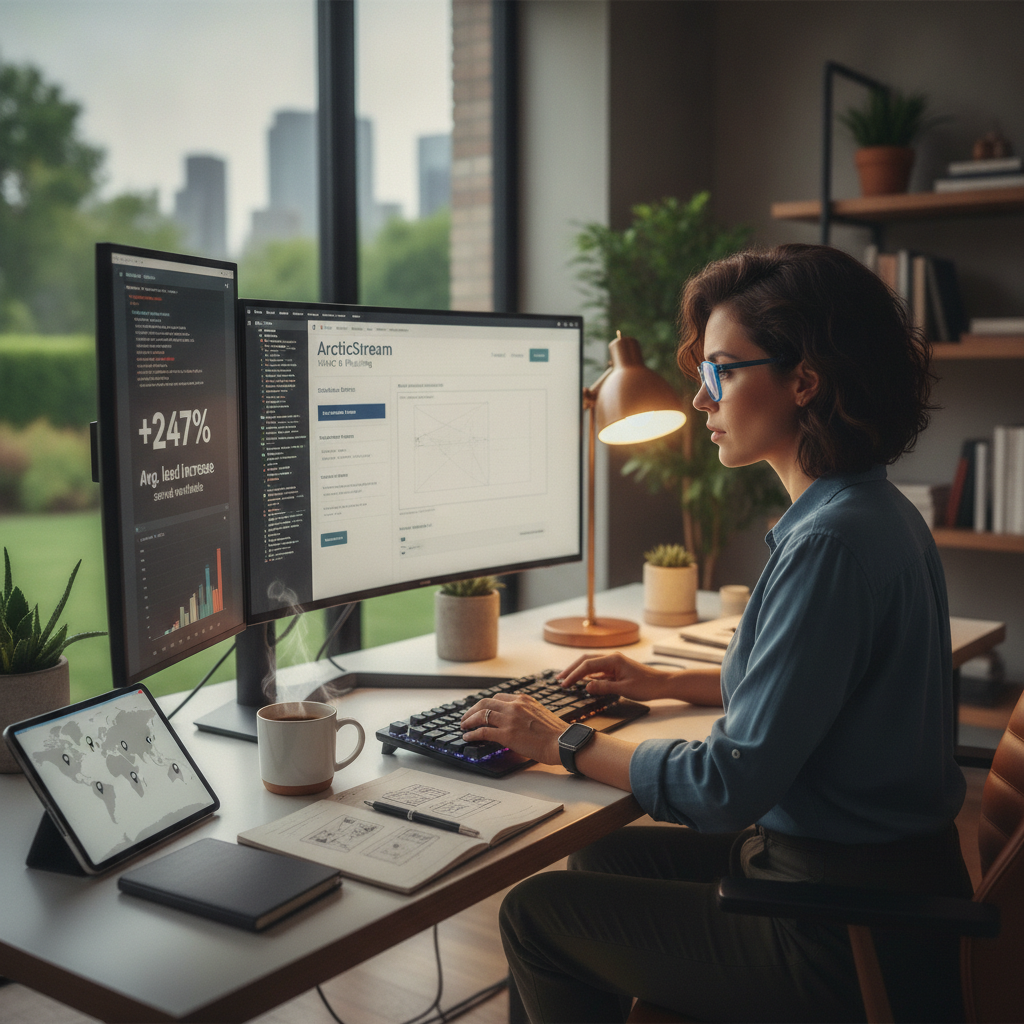 Focused web designer at a premium home office building a custom lead-generating website for an HVAC and plumbing contractor