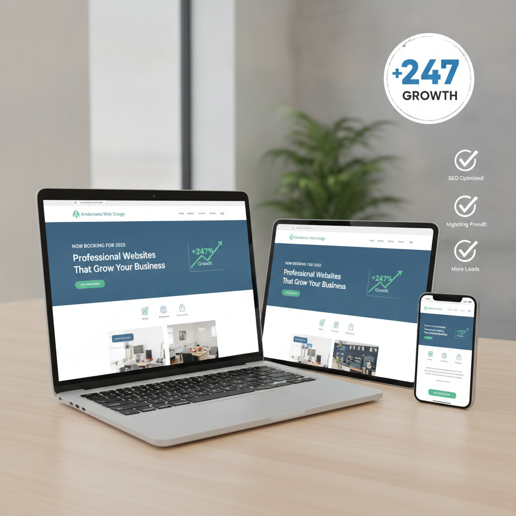 Modern responsive website mockup displayed across laptop, tablet, and smartphone showing a professional service business landing page