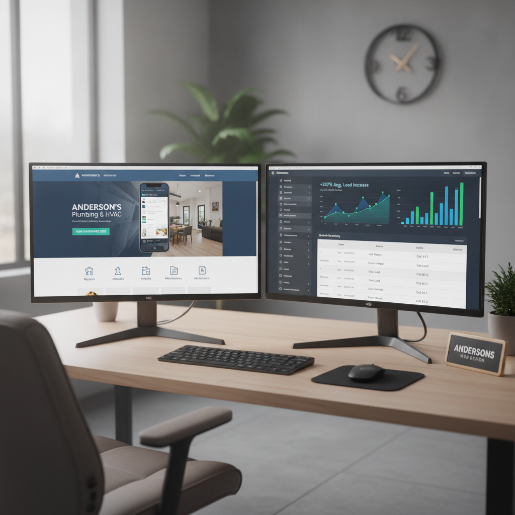 Modern web design agency workspace with dual monitors displaying a contractor website dashboard, live analytics, and lead tracking software