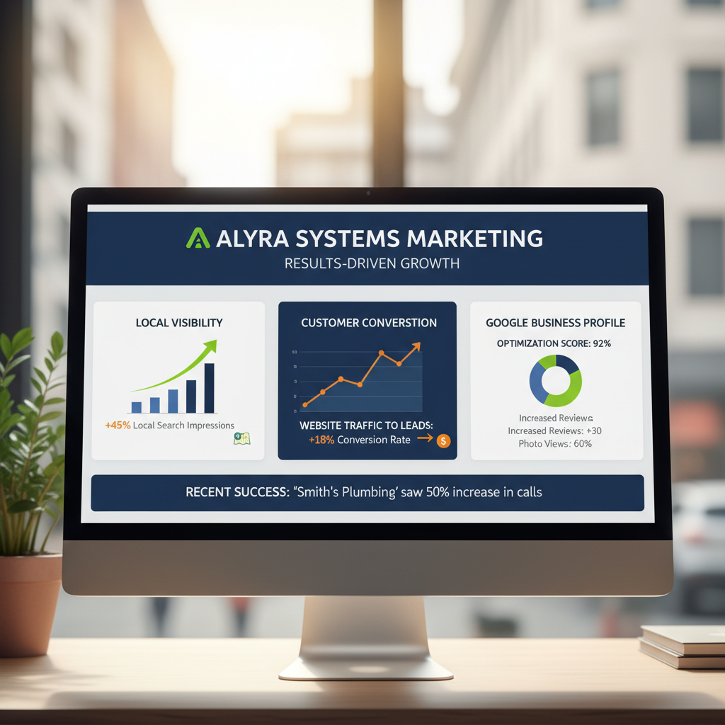 Modern business growth analytics dashboard showing increased local visibility, website traffic converting to leads, and Google Business Profile optimization results