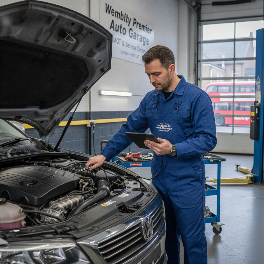 Expert mechanic working on a car engine in a clean Wembley garage