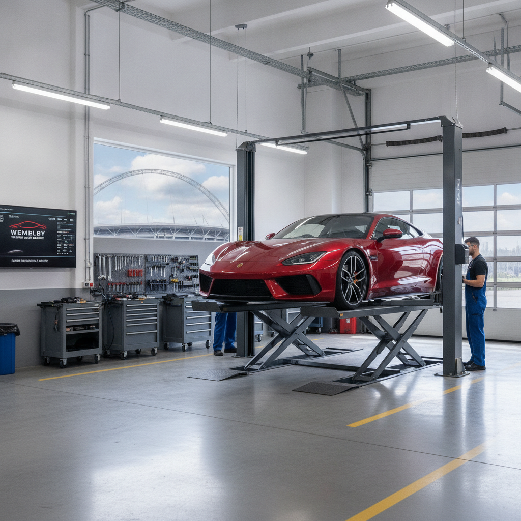 Modern sports car on a hydraulic lift for service in a Wembley garage