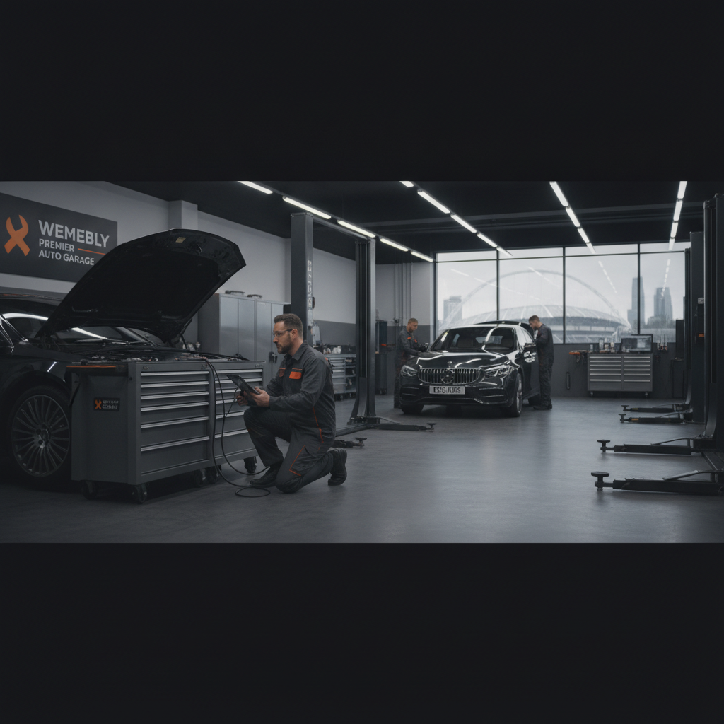 Professional mechanic performing full service and advanced diagnostics on a car in a high-end Wembley auto repair garage