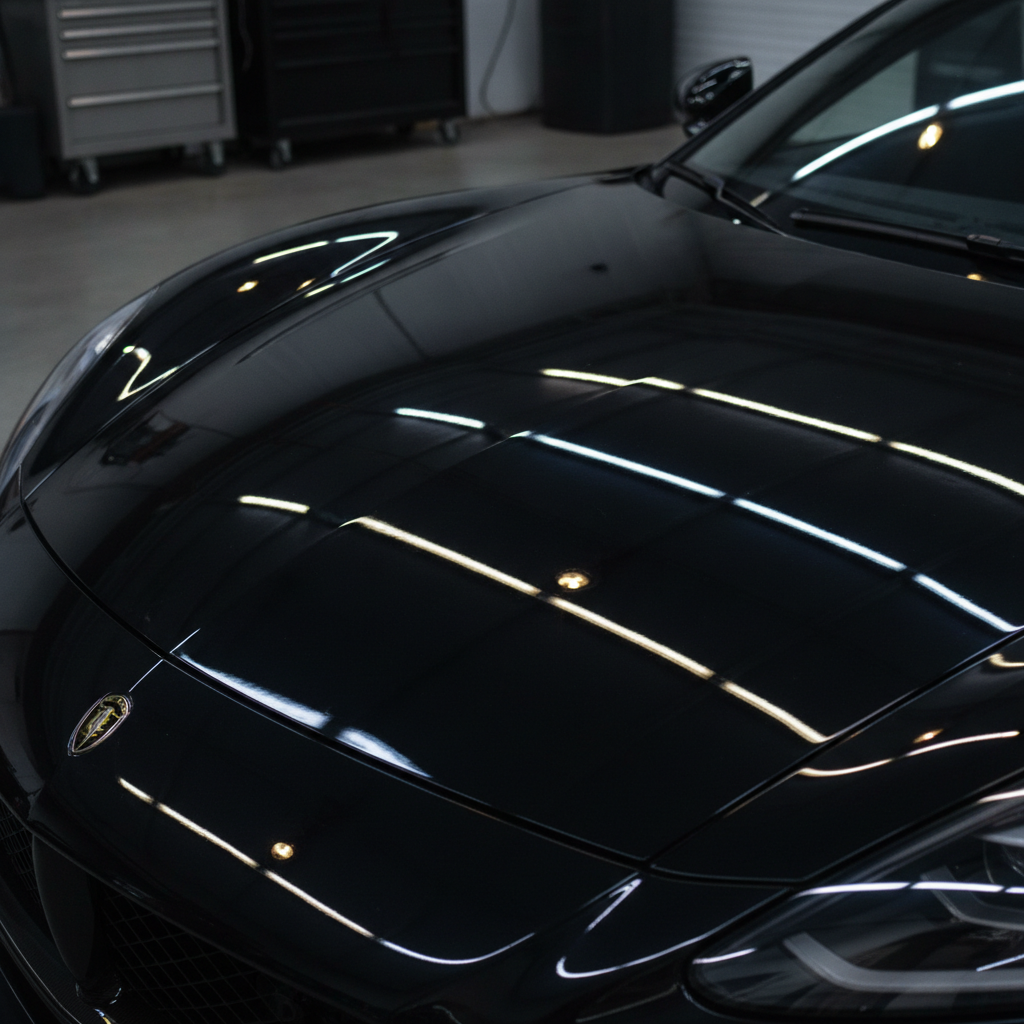 Close-up of a freshly detailed black sports car hood reflecting studio lights, showcasing a flawless, mirror-like finish.