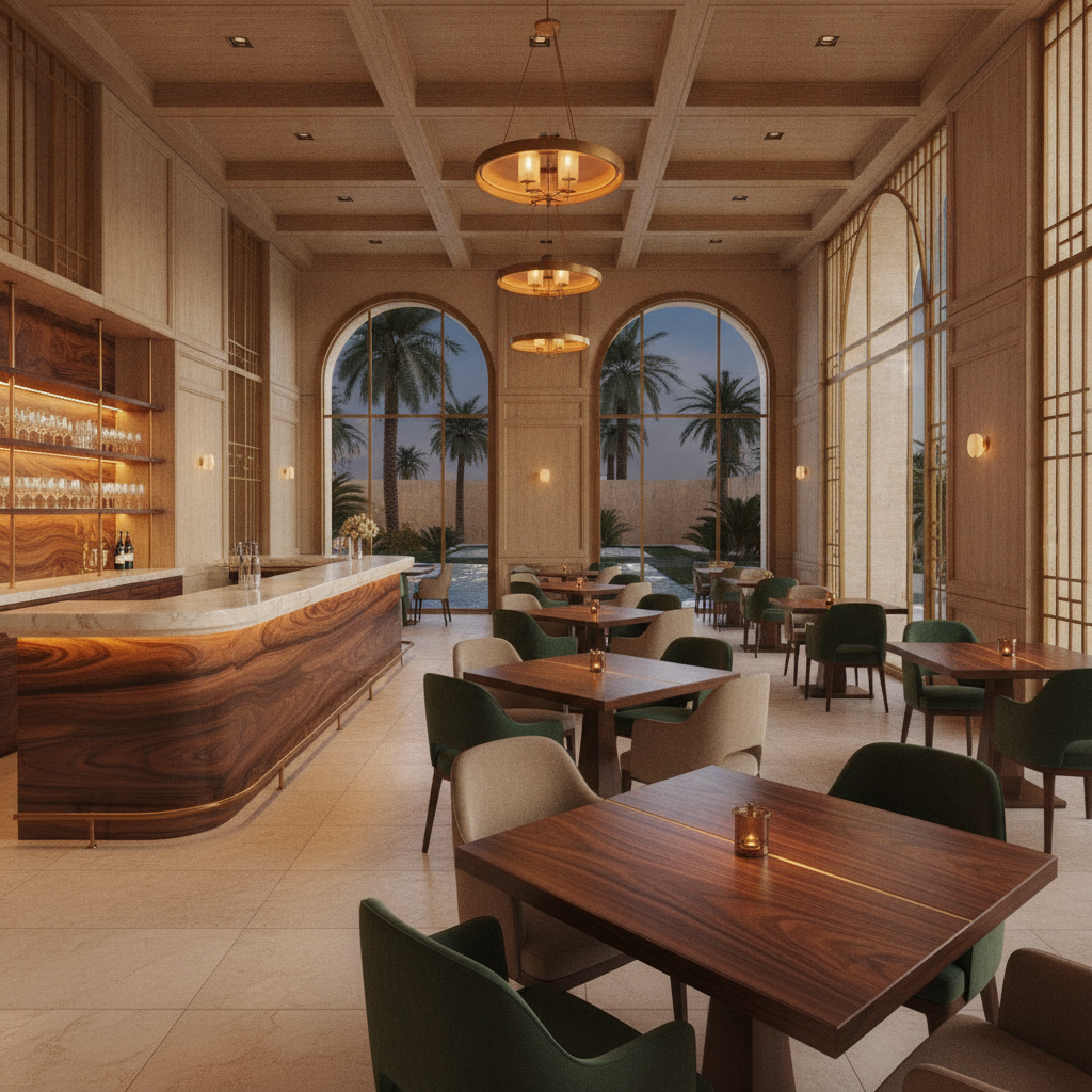 Elegant restaurant interior with custom wooden tables and bar in UAE