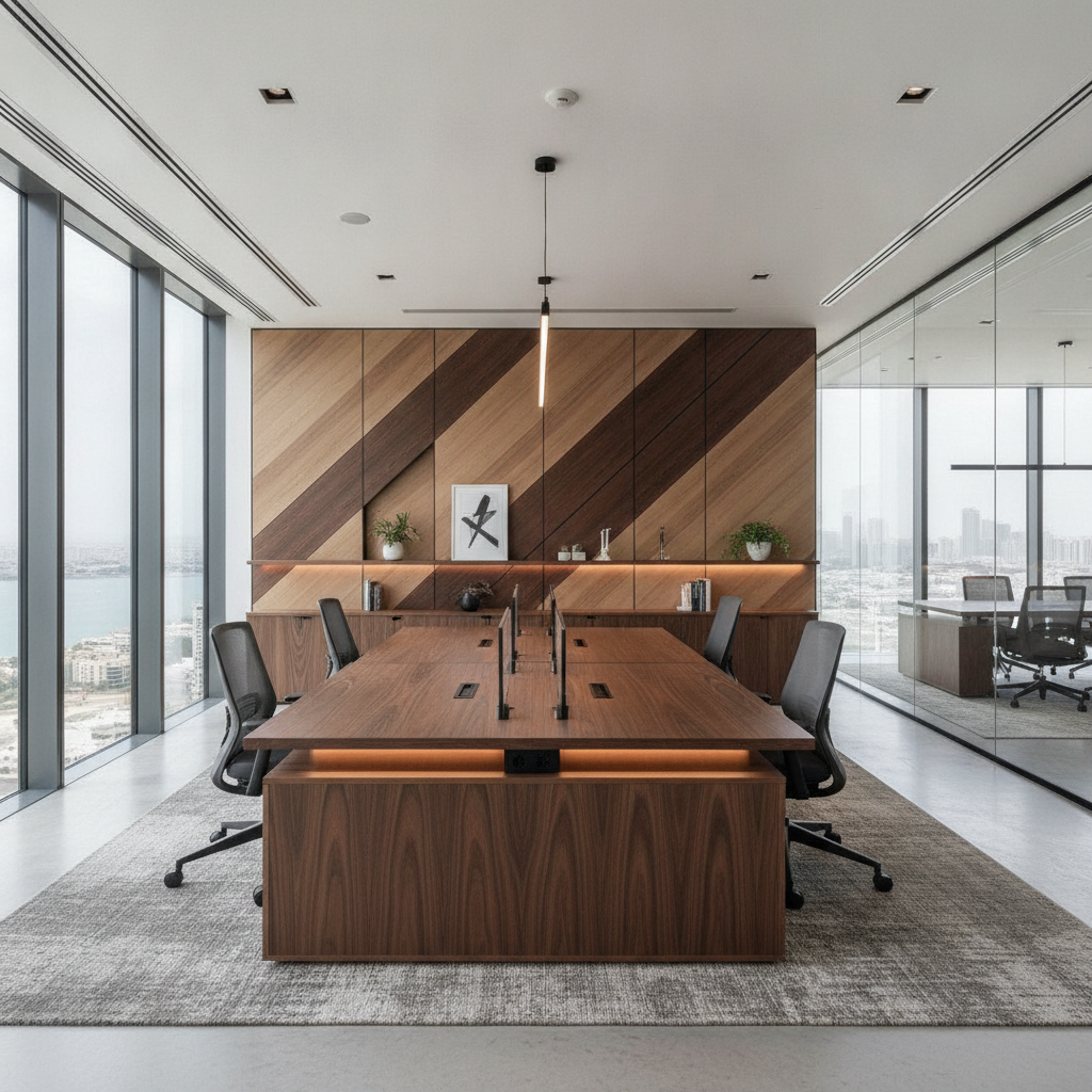 Sleek modern office space with custom desks and paneling in Abu Dhabi