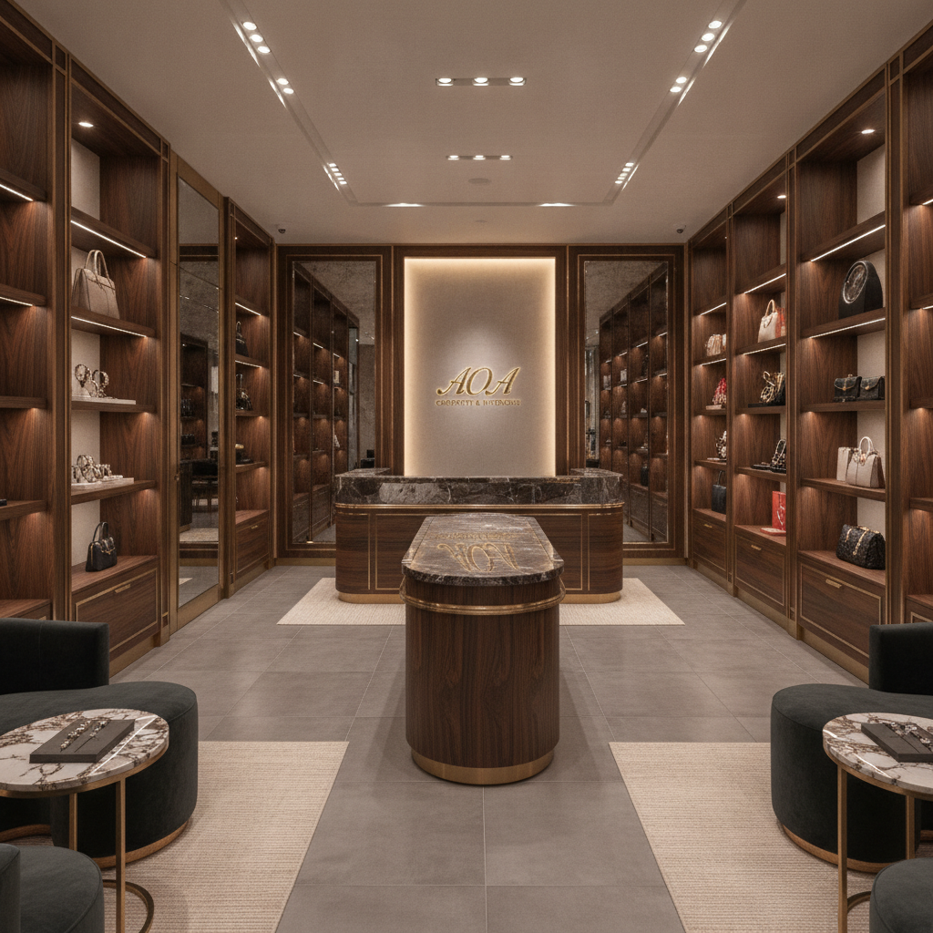 Luxury retail store with custom display shelves and counters