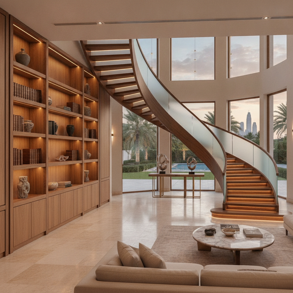 Luxury villa interior with bespoke wooden cabinetry and staircase in Dubai