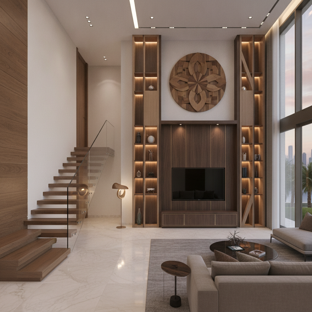 High-end bespoke carpentry, custom wood joinery, and luxury interior finishing in a modern Dubai villa