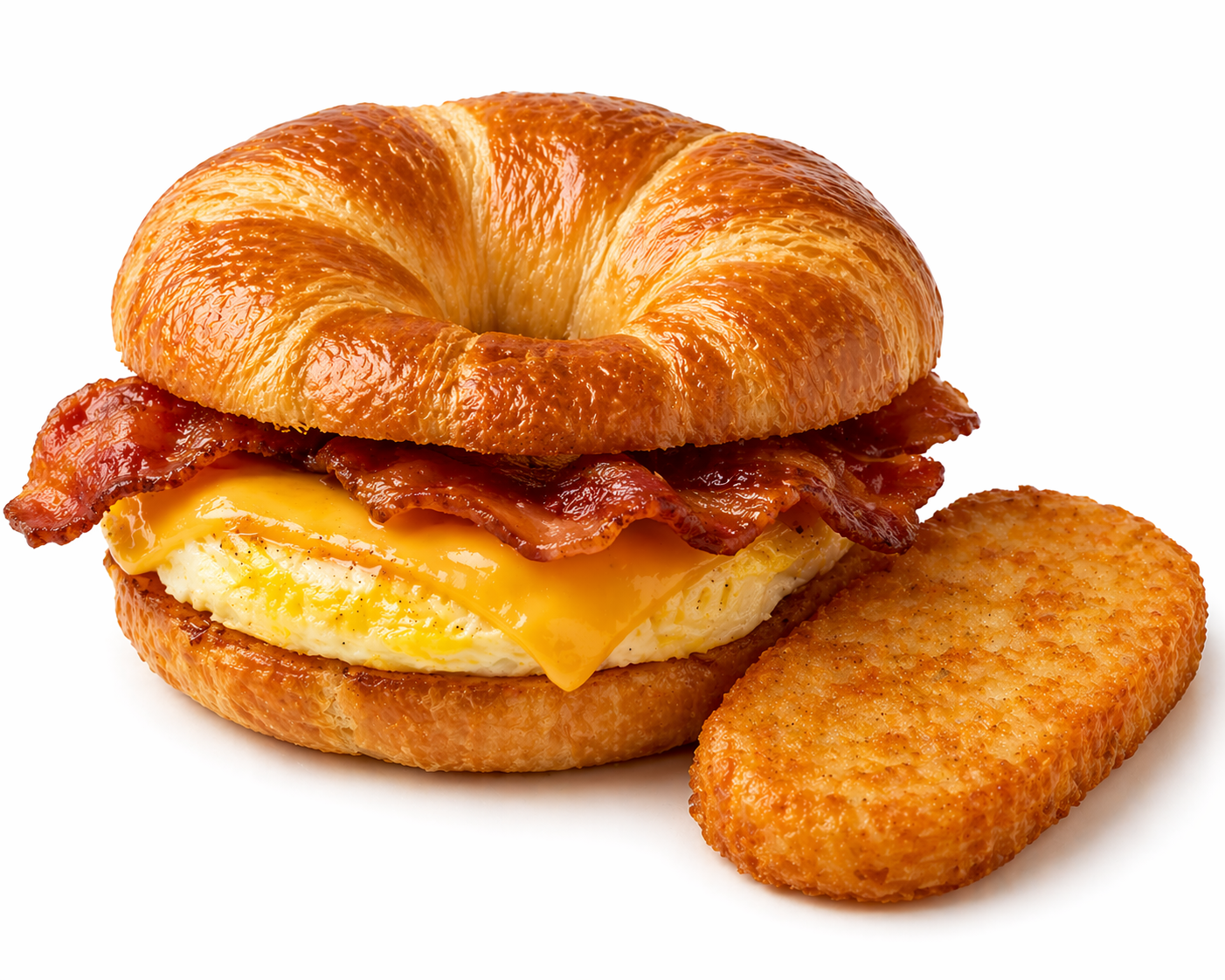 Breakfast sandwich with fluffy scrambled eggs, savory bacon, and melted cheese on a warm croissant