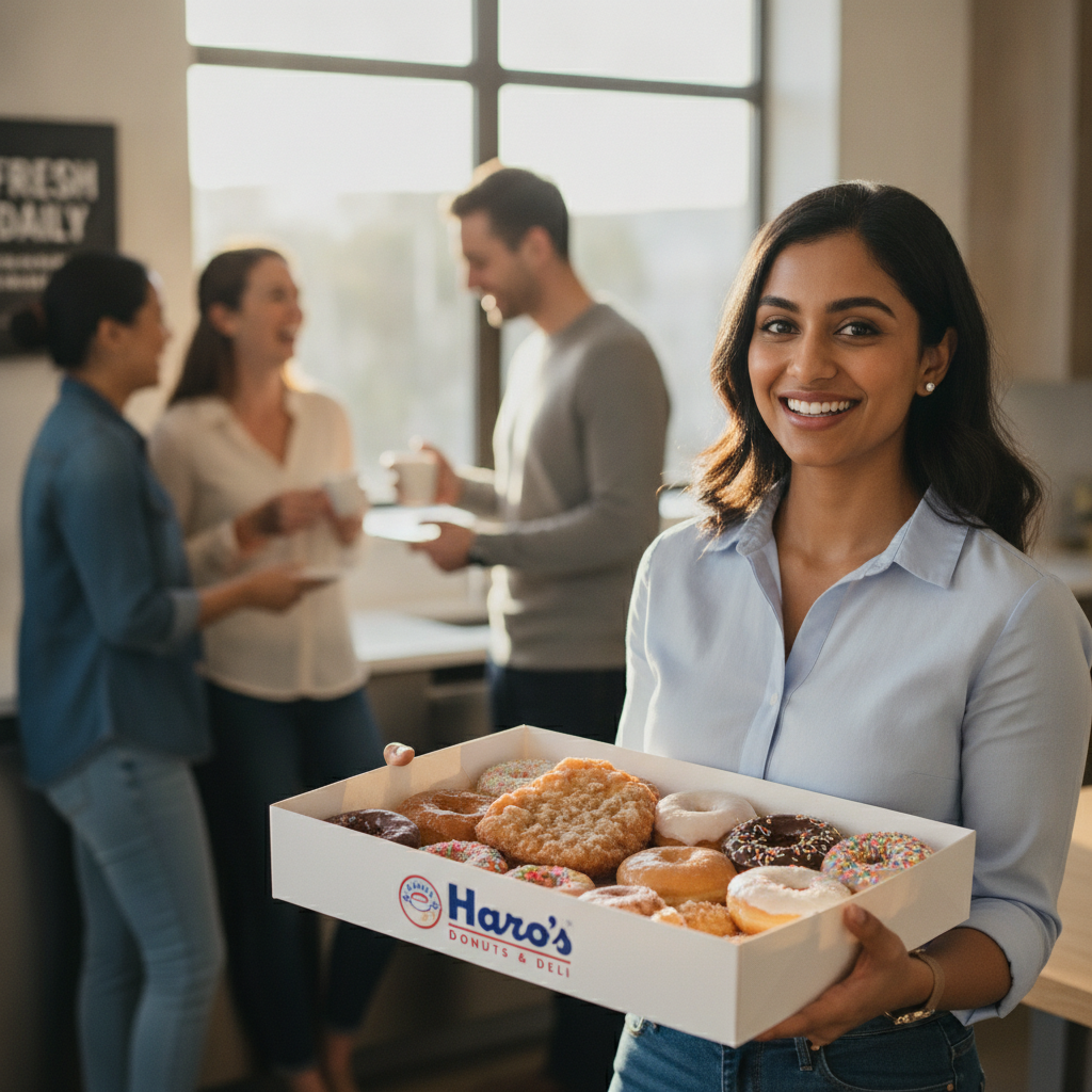 Portrait of customer Jasmine holding a box of donuts