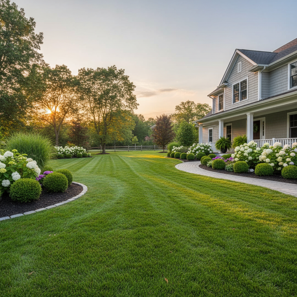 A beautifully manicured residential property with lush green lawn and clean garden beds