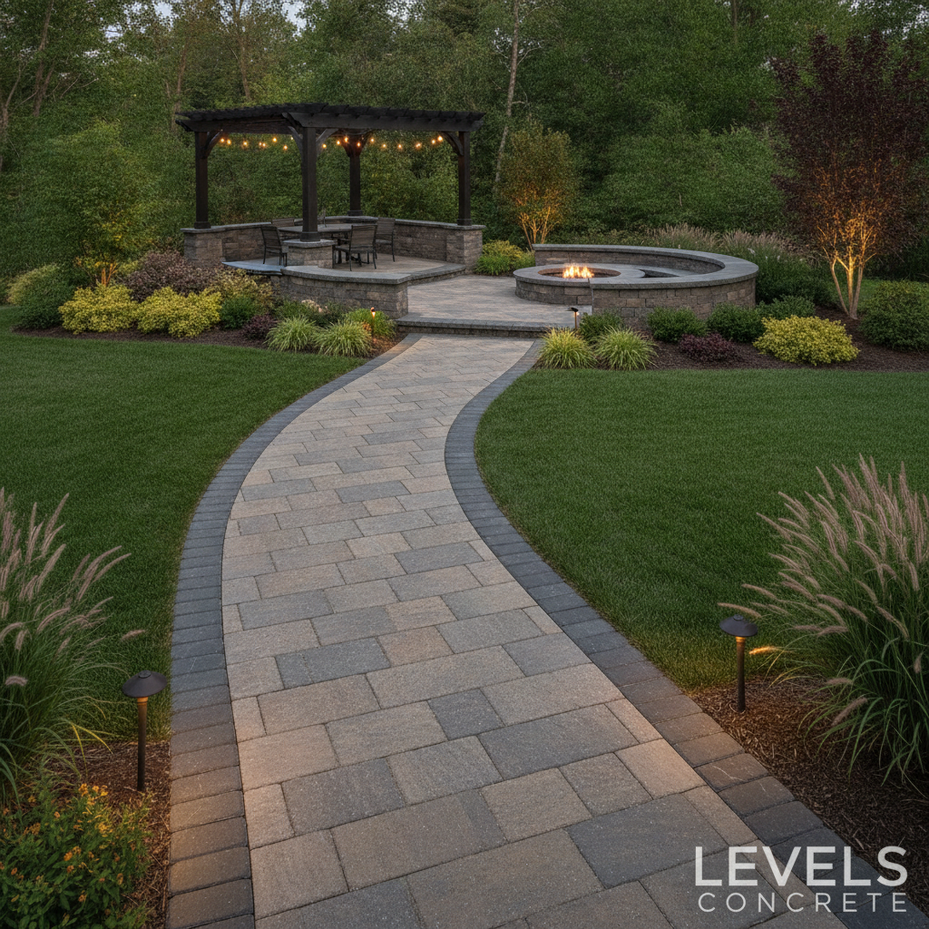 Custom backyard paver walkway and patio installation with premium stone pavers