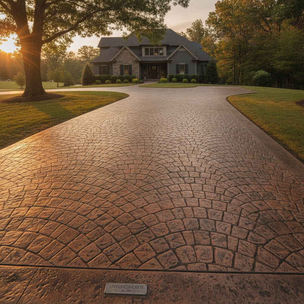 Decorative stamped concrete driveway with custom pattern and finish
