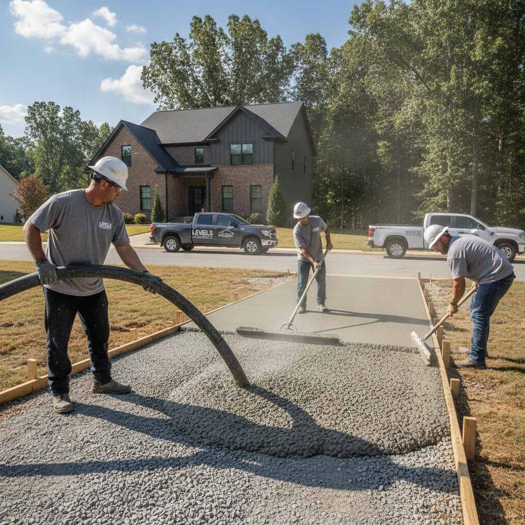 Professional Levels Concrete team pouring and finishing a new driveway in the Greater Charlotte area, NC