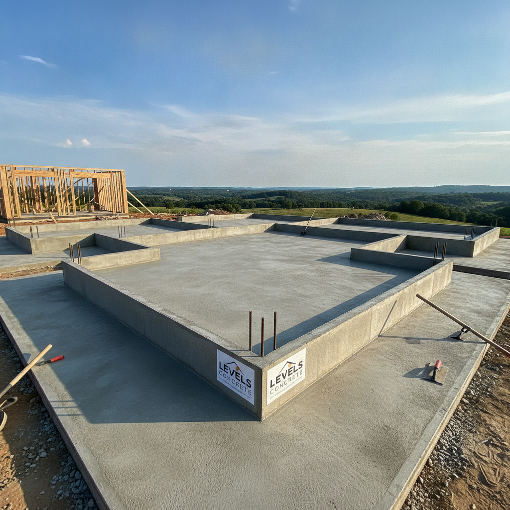 Solid poured concrete foundation for new residential home construction