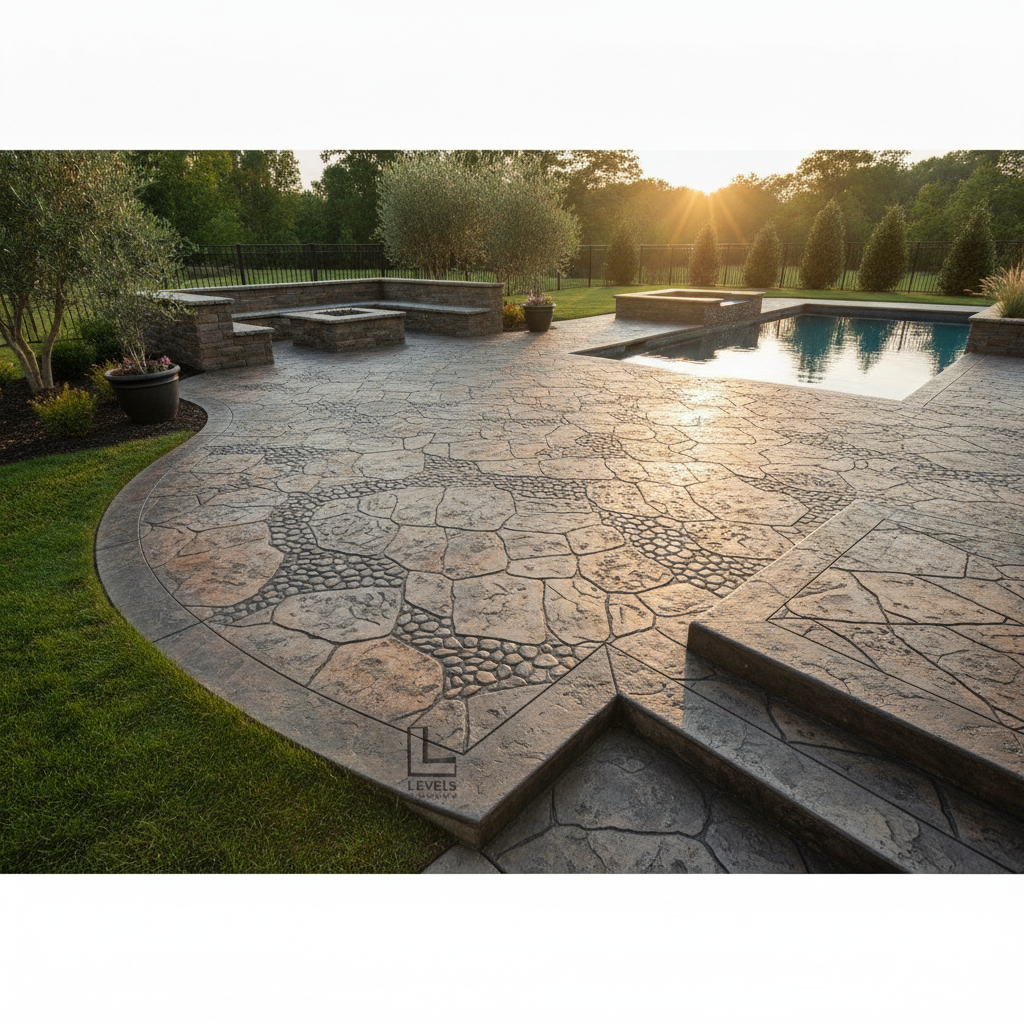 Intricate stamped concrete patio with a custom stone pattern by Levels Concrete