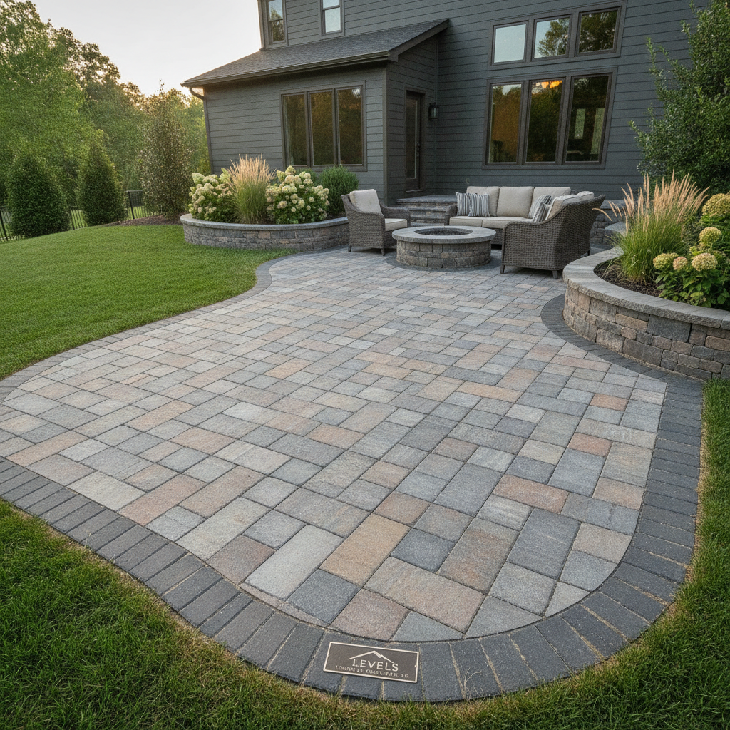 Beautiful backyard paver patio installation with elegant stone pavers by Levels Concrete