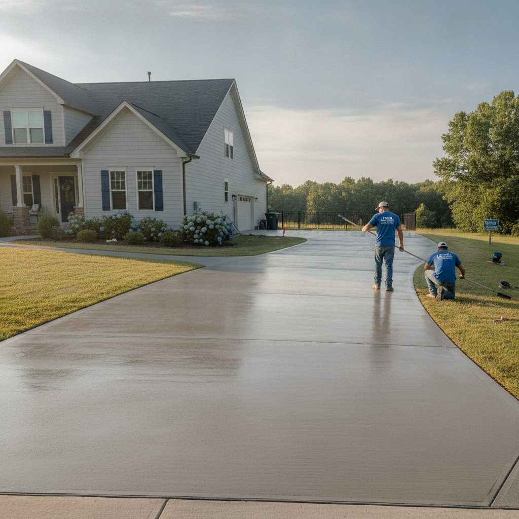 Freshly poured smooth concrete driveway expertly finished by professional concrete contractors in the Greater Charlotte area